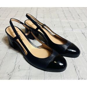 French Sole FS/NY Tuckernuck Slingback Baton Leather Heels Navy/Black Size 7.5
